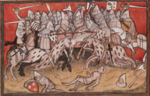 Battle of Auray, British Library, Yates Thompson 35 f. 90v - Miniature by Jean Cuvilier, Chanson de Bertrand du Guesclin between c. 1380 and 1392.